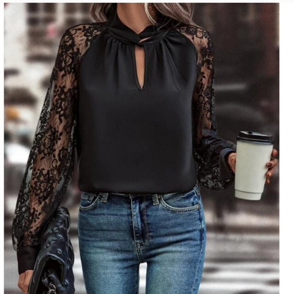 BLACK FLORAL LACE SHEER SLEEVE BLOUSE